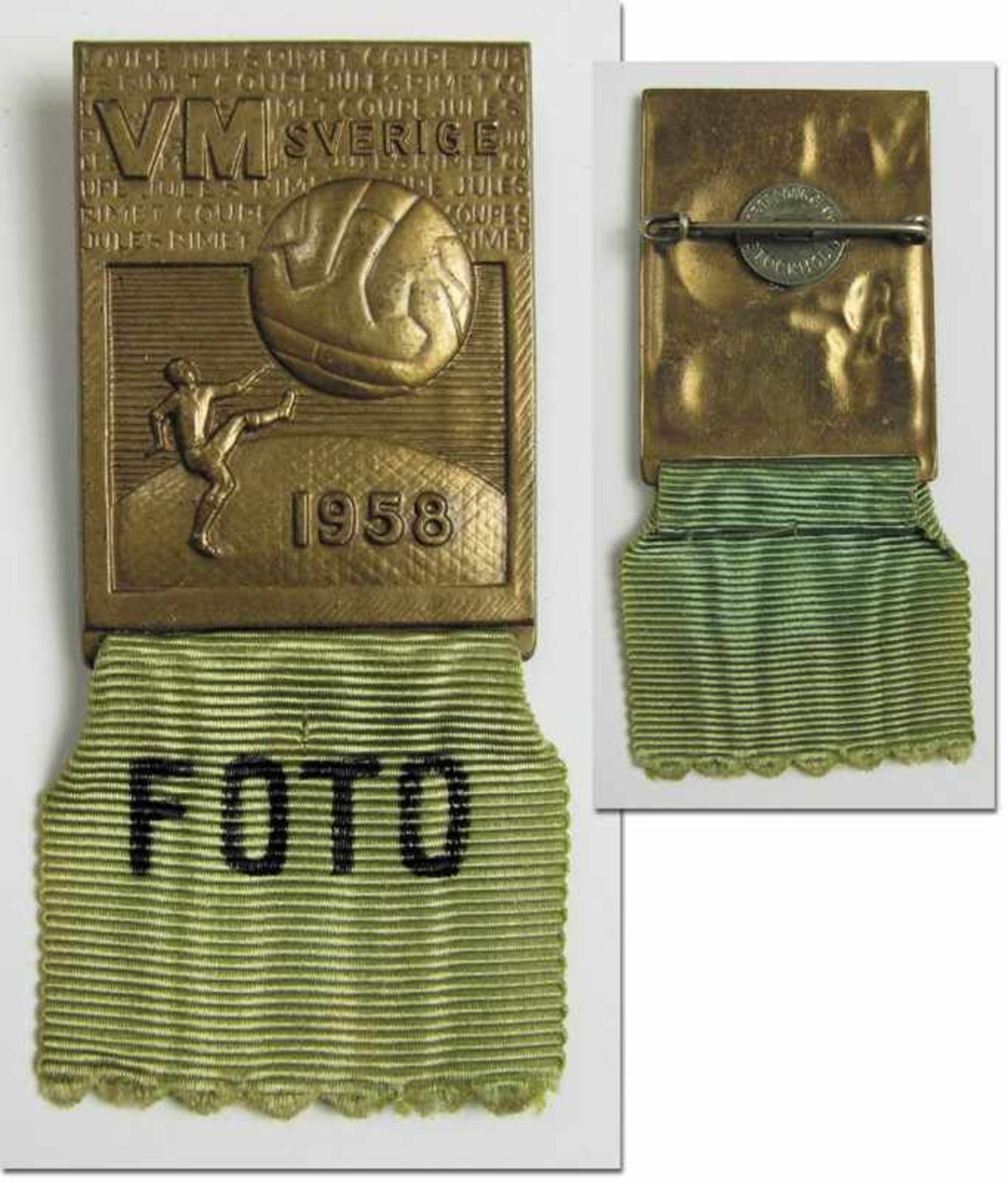 World Cup 1958. Official Participation Badge - Bronze with green ribbon and black letters „foto“.
