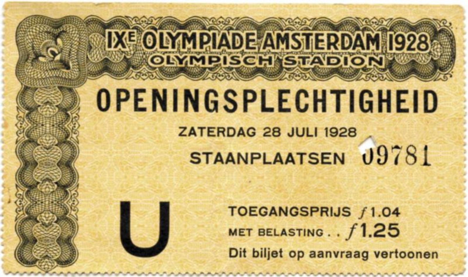 Olympic Games 1928. Ticket Opening Ceremony - Amsterdam 28.7.1928, very rare, size 11x6.5cm,