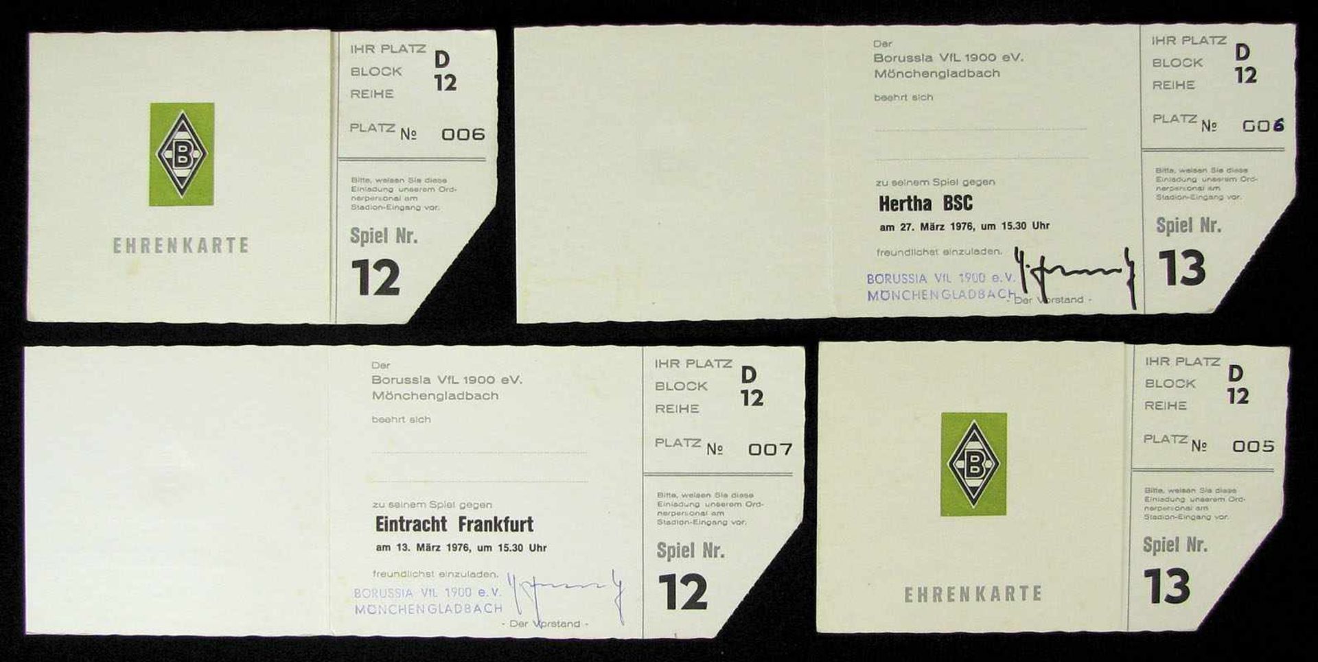 4 Bundesliga tickets Borussia Moengladbach 1976 - Eintrittskarte BL1976 - 4 Ehrenkarten von Borussia