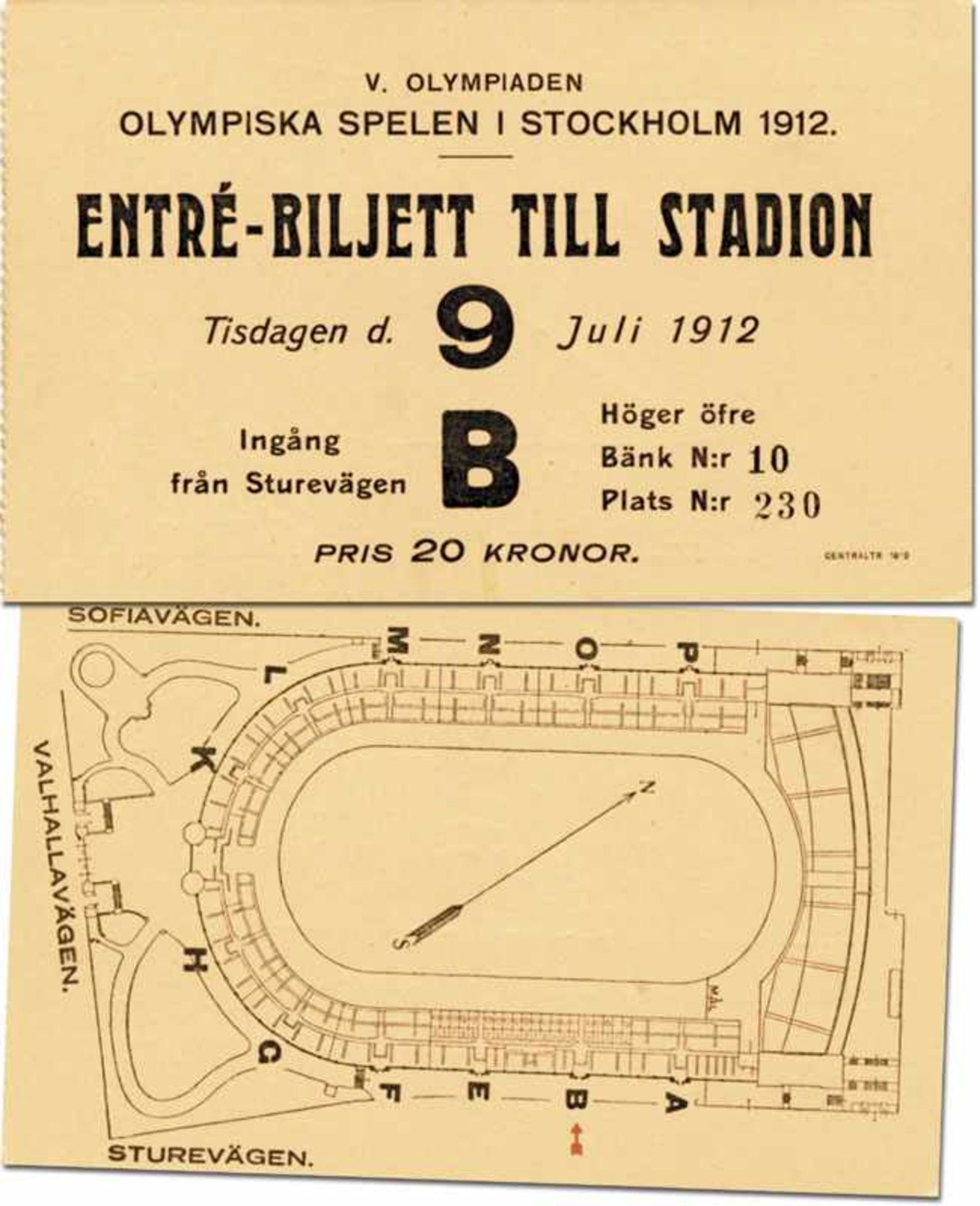 Olympic Games Stockholm 1912. Official Ticket - Official ticket for the Olympic Stadium on 9th