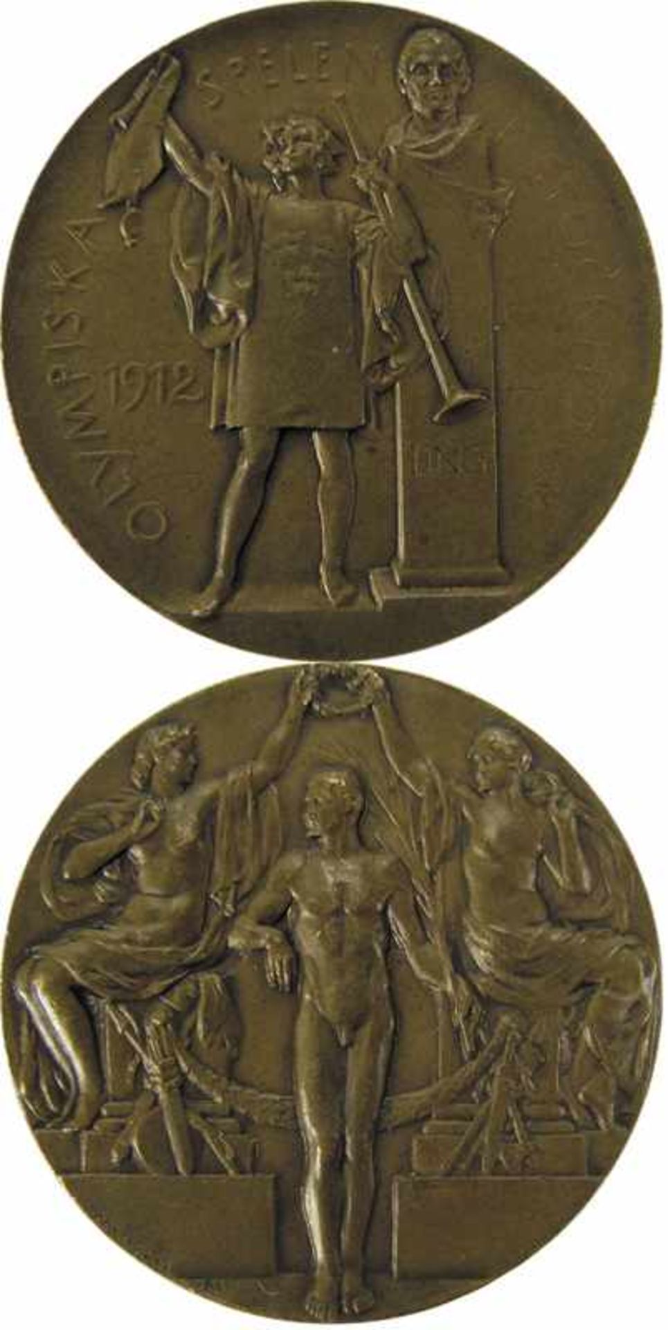 Olympic Games Stockholm 1912. Bronze Medal - Attractive item with relief antique Olympic scenes
