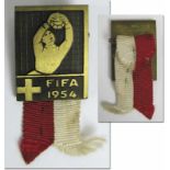 World Cup 1954 official rare visitors pin for VIP - „FIFA 1954“ bronze with red and white silk band.