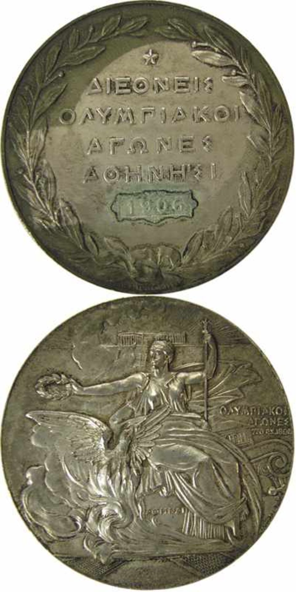Olympic Games 1906. Silver Participation medal - By N.Lytas. Silver plated bronze (59 grams), 5