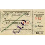 Olympic Games Paris 1924 Ticket IOC - Ticket VIIIe Olympiade Paris 1924. Reunion 113. invitation.