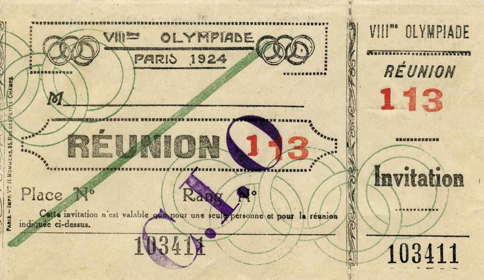 Olympic Games Paris 1924 Ticket IOC - Ticket VIIIe Olympiade Paris 1924. Reunion 113. invitation.
