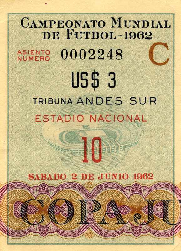 FIFA World Cup 1962. Ticket Chile v Italy - on 2nd June 1962 in Estadio Nacional. Size 9x6.5 cm.