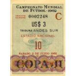 FIFA World Cup 1962. Ticket Chile v Italy - on 2nd June 1962 in Estadio Nacional. Size 9x6.5 cm.