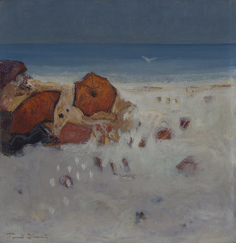 TONI DIONÍS (Pollença, 1945) Playa con sombrillas rojas Óleo sobre cartón. 31 x 31 cm. Firmado áng.