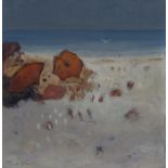 TONI DIONÍS (Pollença, 1945) Playa con sombrillas rojas Óleo sobre cartón. 31 x 31 cm. Firmado áng.