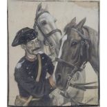 Francisco SARDA LADICO (Barcelona 1877-1912) Militar con caballos Carboncillo sobre papel 49,5 x