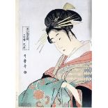 KITAGAWA UTAMARO (1750-1806) La bella Hanaogi Grabado policromado. 38,5 x 25,5 cm. De la serie “