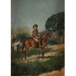 JOSÉ MORENO CARBONERO (Málaga, 1860-Madrid, 1942) Montero a caballo con guarda detrás Óleo sobre