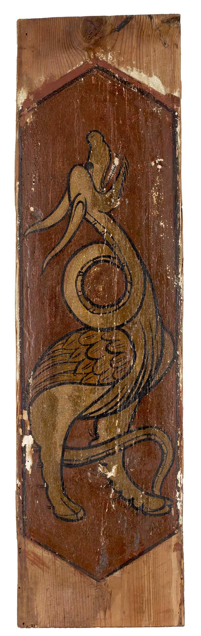 Arrocabe mudejar de madera de pino pintado decorado con un dragón, ffs. del S. XV. Medidas: 83 x