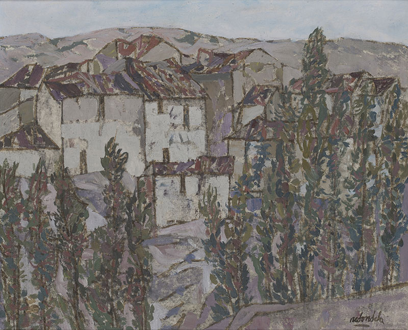 AGUSTÍN REDONDELA (Madrid, 1922 - 2015) Árboles y casas de Gualda, 1989 Óleo sobre lienzo. 38 x 46