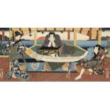 TOYOKUNI III (KUNISADA) (1786-1864) La bella Hitomaru pleiteando con un samurai Grabado policromado.
