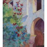 GUSTAVO BACARISAS (Gibraltar, 1873 - Sevilla, 1971) Casa con flores Óleo sobre lienzo 24 x 21,2 cm