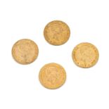 Cuatro monedas de 25 ptas de Alfonso XII 1876,1877,1879 y 1880 1876 D.E. M. 1877 D.E. M. 1879 E.M.