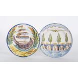 Dos platos de cerámica esmaltada, uno con un puente y otro con un barco. Ribesalbes, S. XIX
