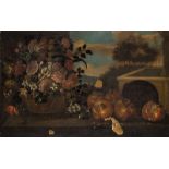 ESCUELA MALLORQUINA, h. 1800 Paisaje con cesta de flores y granadas Óleo sobre lienzo. 67,5 x 101,