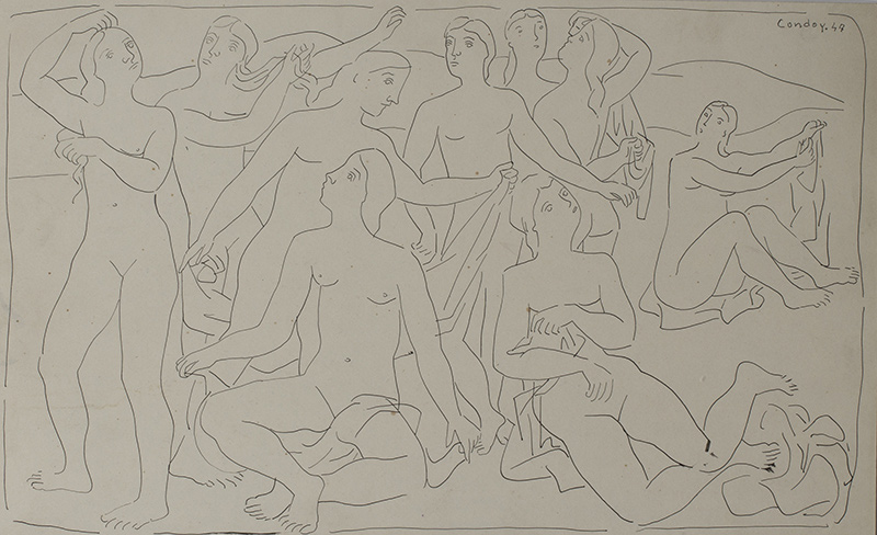 HONORIO GARCÍA CONDOY (Zaragoza, 1900 - Madrid, 1953) Mujeres bañándose, 1947 Tinta sobre cartón.