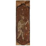 Arrocabe mudejar de madera de pino pintado, con personaje con un arco, ffs. del S. XV Medidas: 76