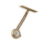 Reloj con broche y cadena para colgar en solapa VULCAIN c.1900 en oro de 18K. Caja esférica.