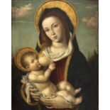 ESCUELA VENECIANA, FF. SIGLO XV- PP. SIGLO XVI Virgen con niño Óleo sobre tabla. 39,5 x 30,5 cm.