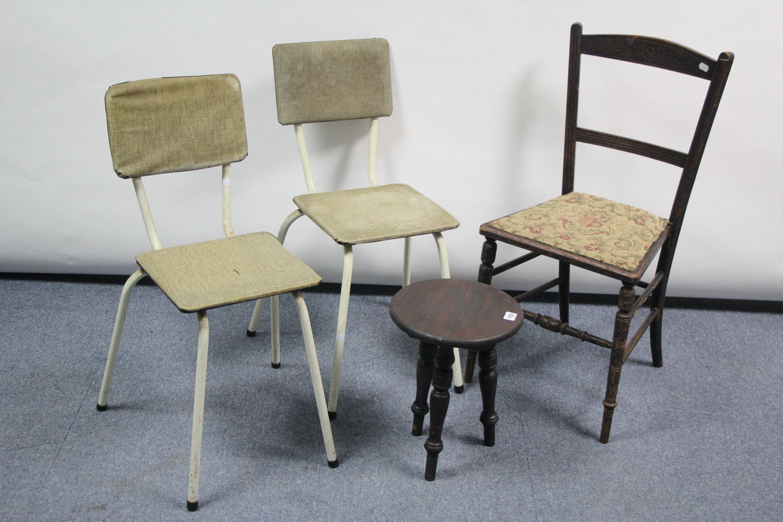 A mahogany milking stool on three turned legs together with three occasional chairs & stool; &