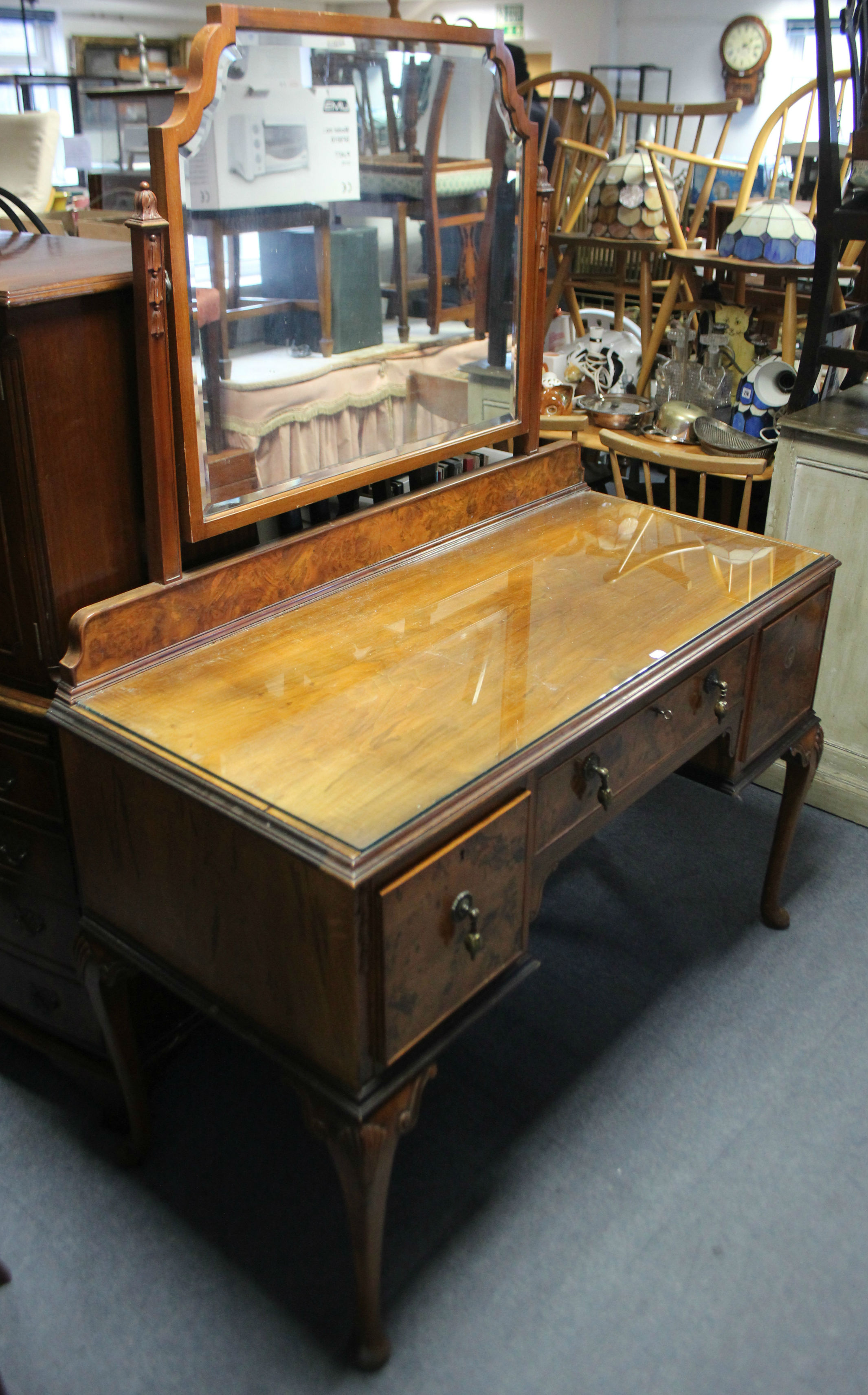 A mid-20th century burr-walnut three-piece bedroom suite comprising a twin-door wardrobe, 48” wide - Image 6 of 8