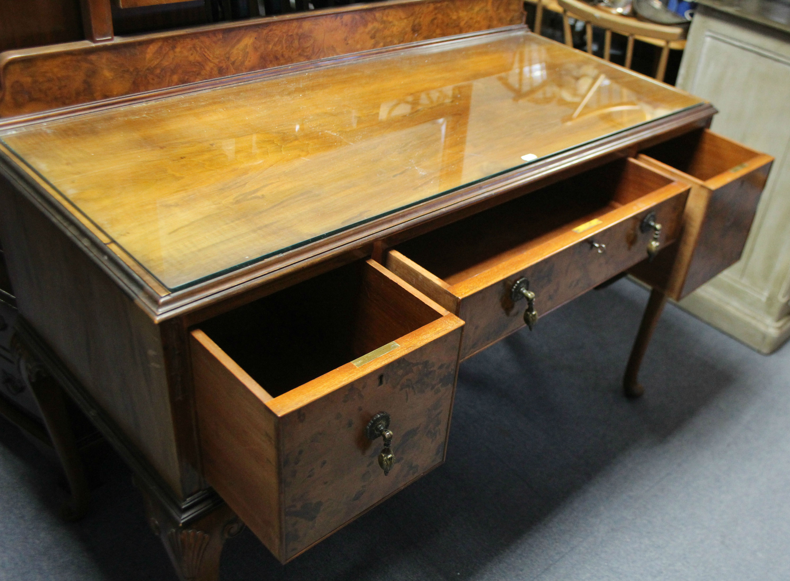 A mid-20th century burr-walnut three-piece bedroom suite comprising a twin-door wardrobe, 48” wide - Image 8 of 8