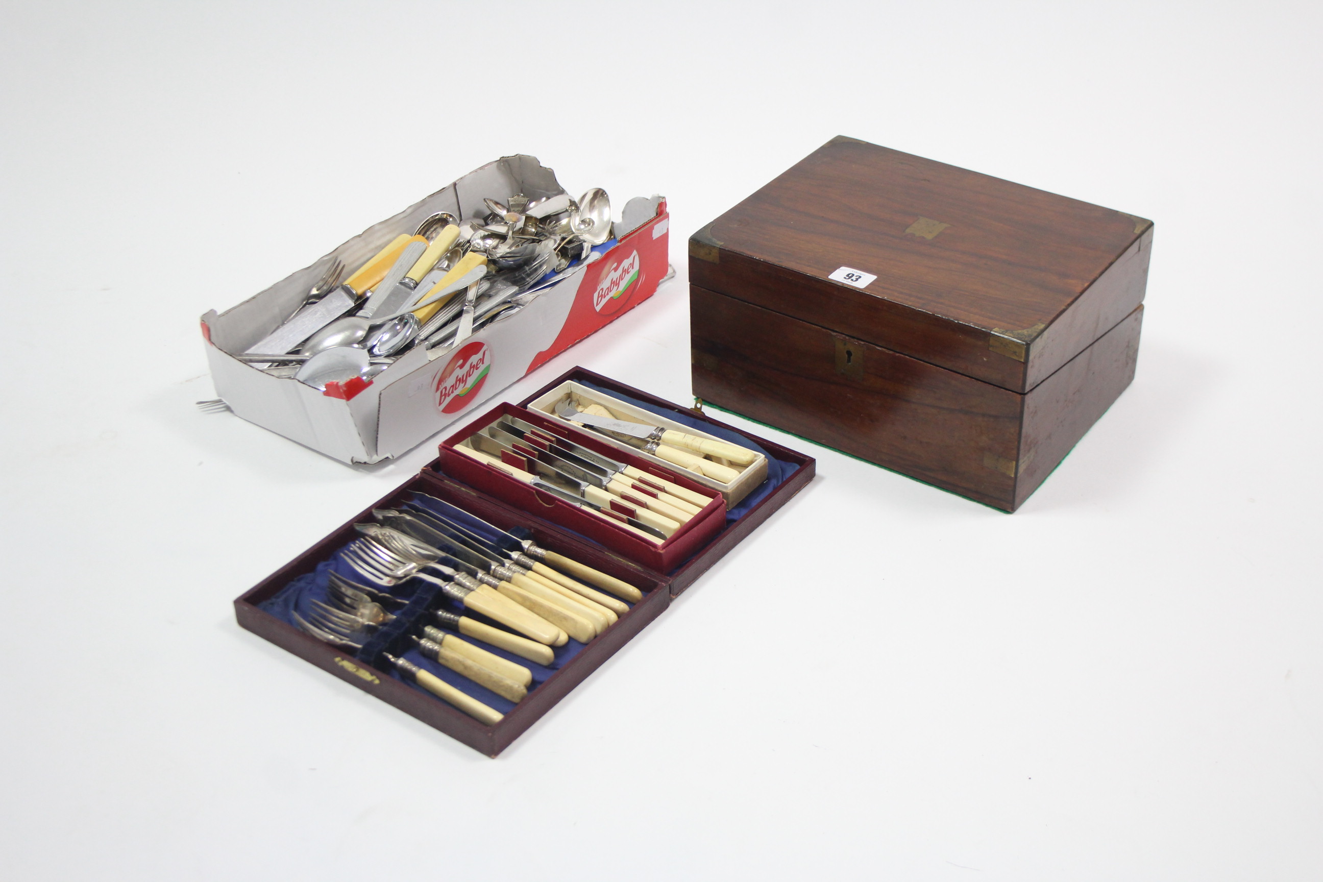 A 19th century brass-bound mahogany writing slope with fitted interior, 11¾” wide; & various items