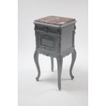 A continental-style grey painted & carved wood marble-top bedside cabinet fitted frieze drawer above