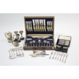 A part canteen of plated & stainless steel cutlery, in oak case; & various other items of plated