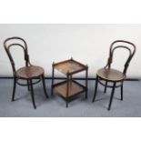 A mahogany square two-tier whatnot, 14” wide; together with a pair of bentwood café chairs; & eleven