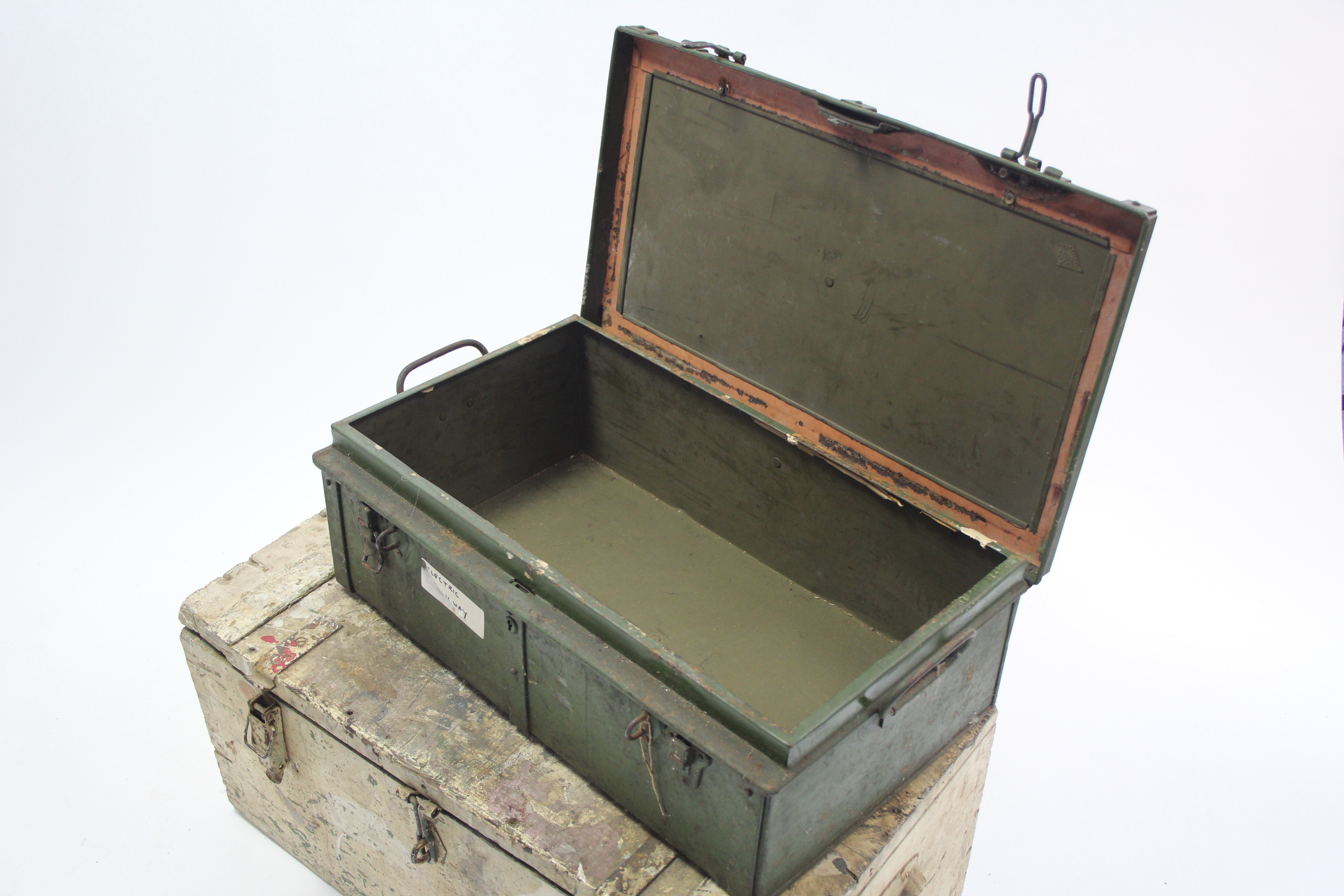 A green-finish metal small travelling trunk with hinged lift-lid and with wrought iron side handles, - Image 2 of 5