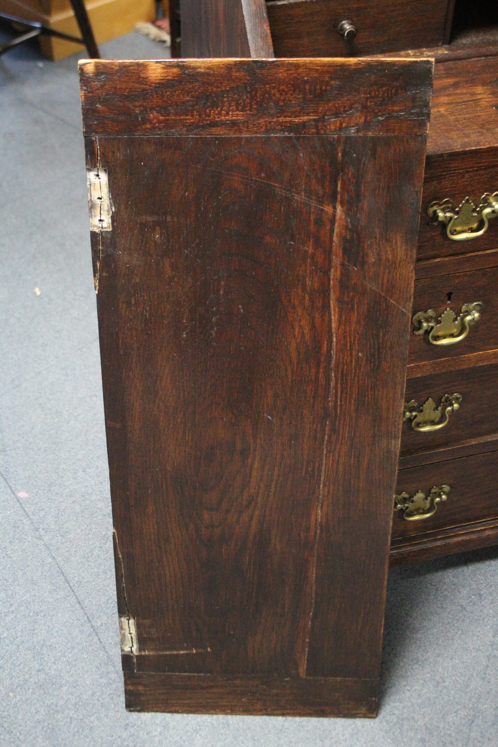 A 19th century oak bureau with fitted interior enclosed by fall-front above an arrangement of - Image 3 of 3