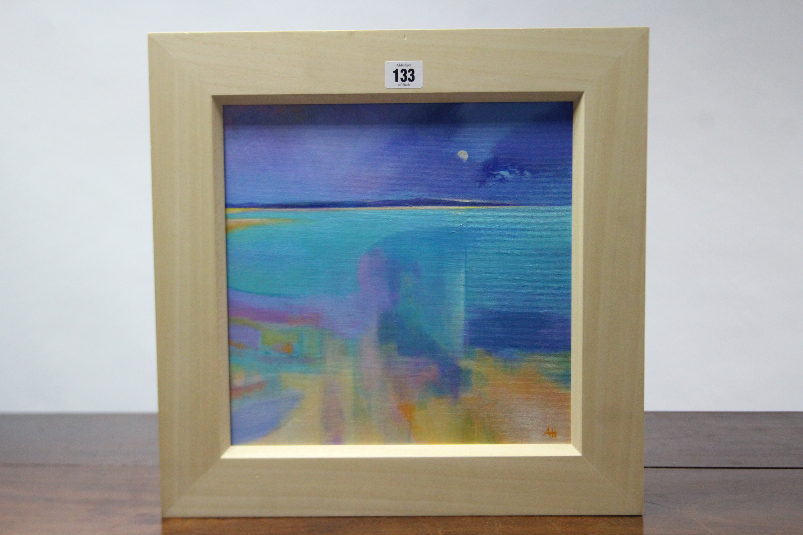 A small oil painting on canvas by Alison Hanner, titled “St Ives Bay, 2nd Day”, signed, 11¼” square,