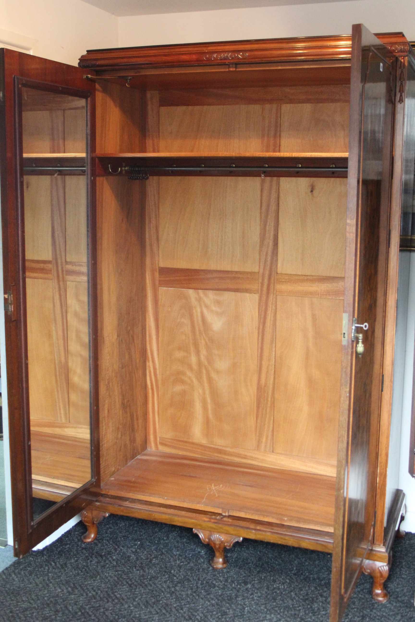 A mid-20th century burr-walnut three-piece bedroom suite comprising a twin-door wardrobe, 48” wide - Image 2 of 8