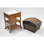 A pine tile-top kitchen island trolley, 18½” wide; & a hardwood & woven cane storage box, 21¾”