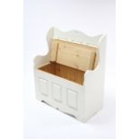 A white painted pine small box-seat settle with fielded panels to the back & front, 31¼” wide.