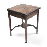 A Victorian inlaid rosewood envelope-top card table fitted frieze drawer, & on square tapered legs