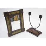 A copper frame rectangular wall mirror inset tiles to border, 27” x 20¾”, & a wrought-metal twin-