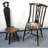 An Edwardian inlaid-mahogany split-back occasional chair with circular padded seat, & on ring-turned