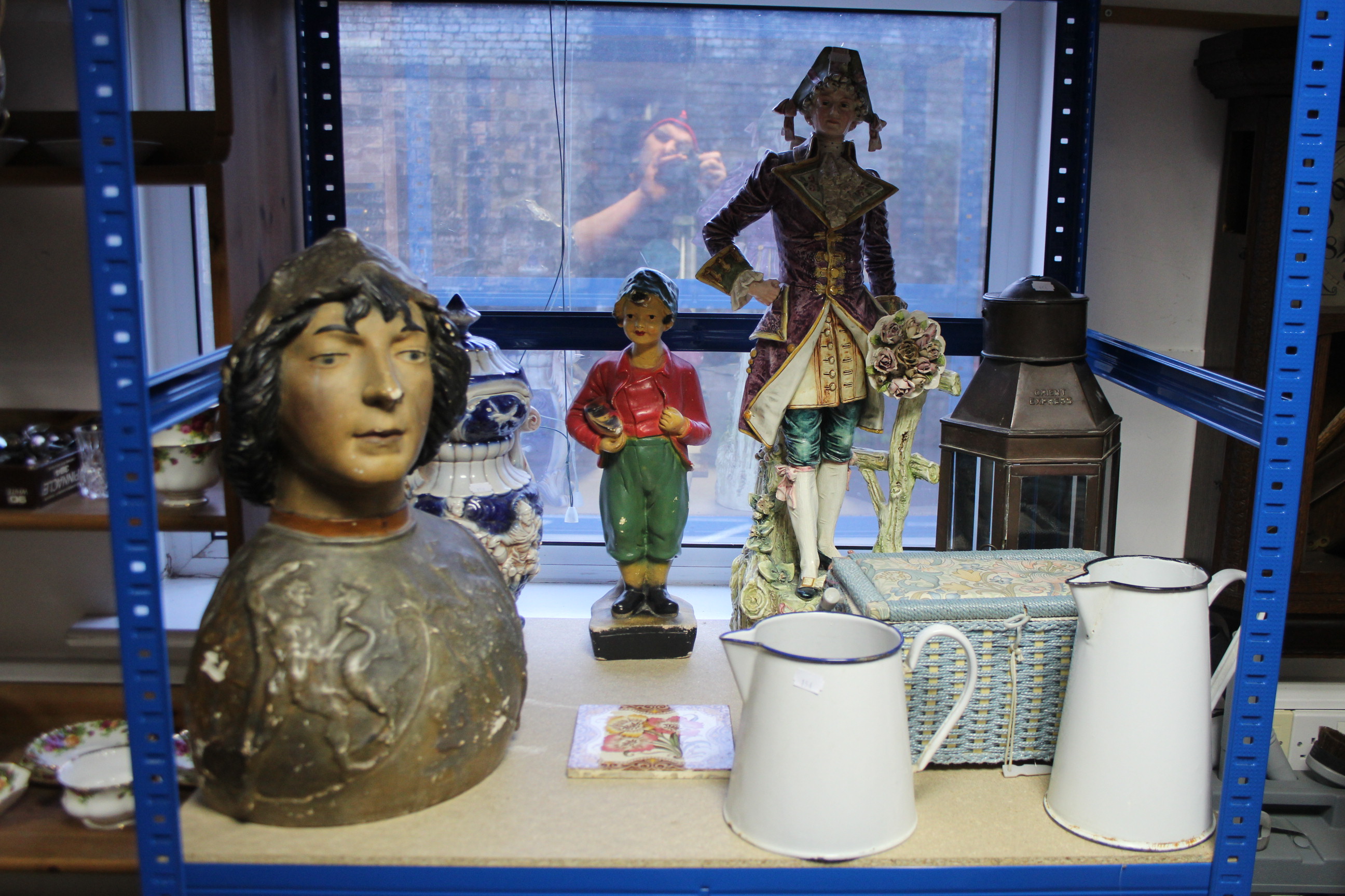 A painted composition bust Joan of Arc?, 20” high; a copper lantern of six-sided form; a large - Image 4 of 8