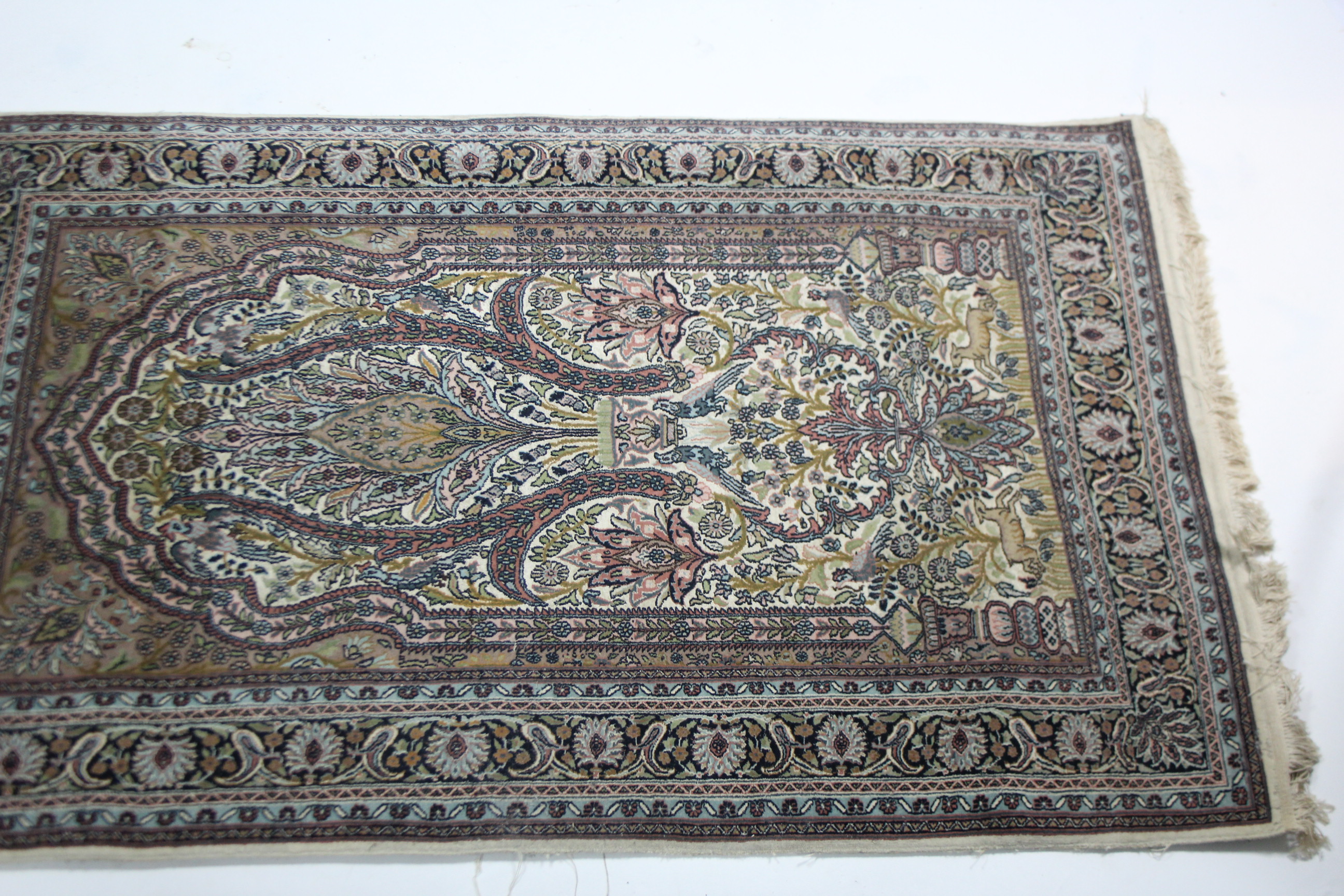 A Persian pattern rug of ivory & pale blue ground, with multi-coloured geometric, floral & animal - Image 3 of 6