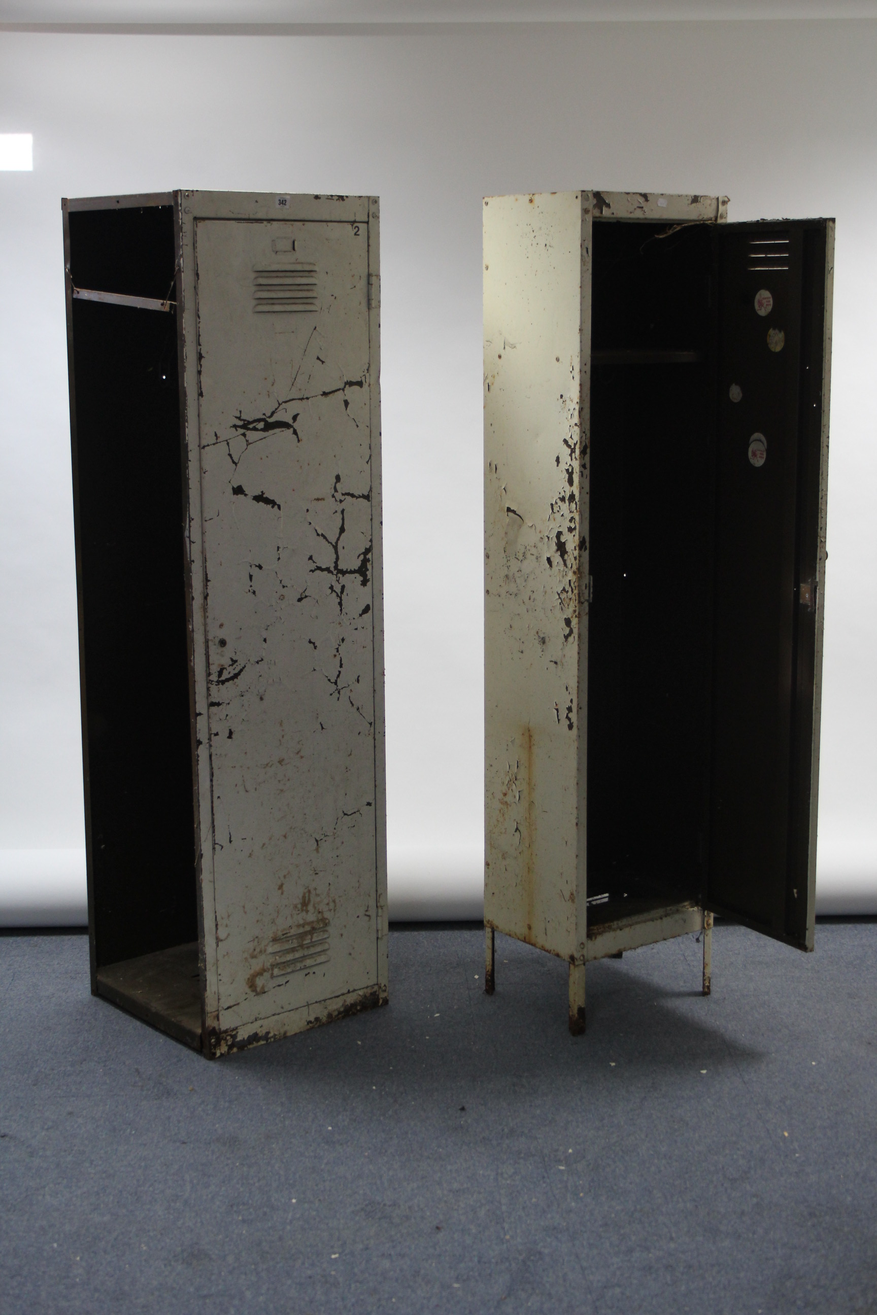 Two mid-20th century white painted art-metal industrial lockers, each fitted shelf enclosed by door, - Image 2 of 3