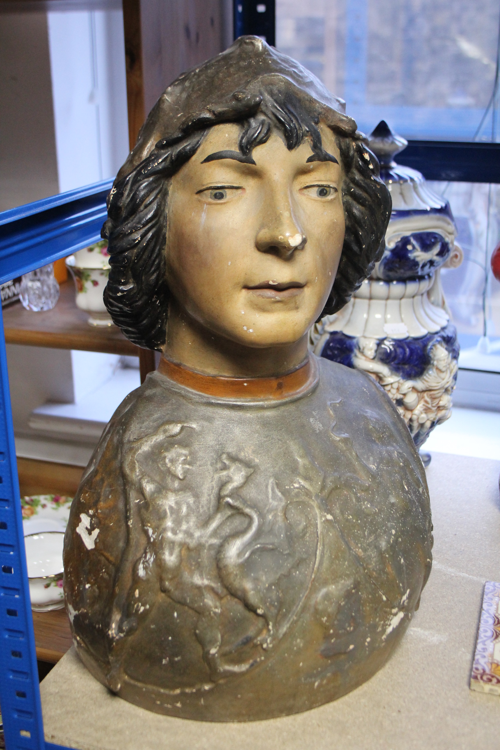 A painted composition bust Joan of Arc?, 20” high; a copper lantern of six-sided form; a large
