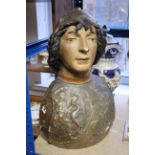 A painted composition bust Joan of Arc?, 20” high; a copper lantern of six-sided form; a large