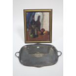 A 1940’s EPNS rectangular two-handled tea tray, 22” wide; & a still-life study of fruit (pastels)