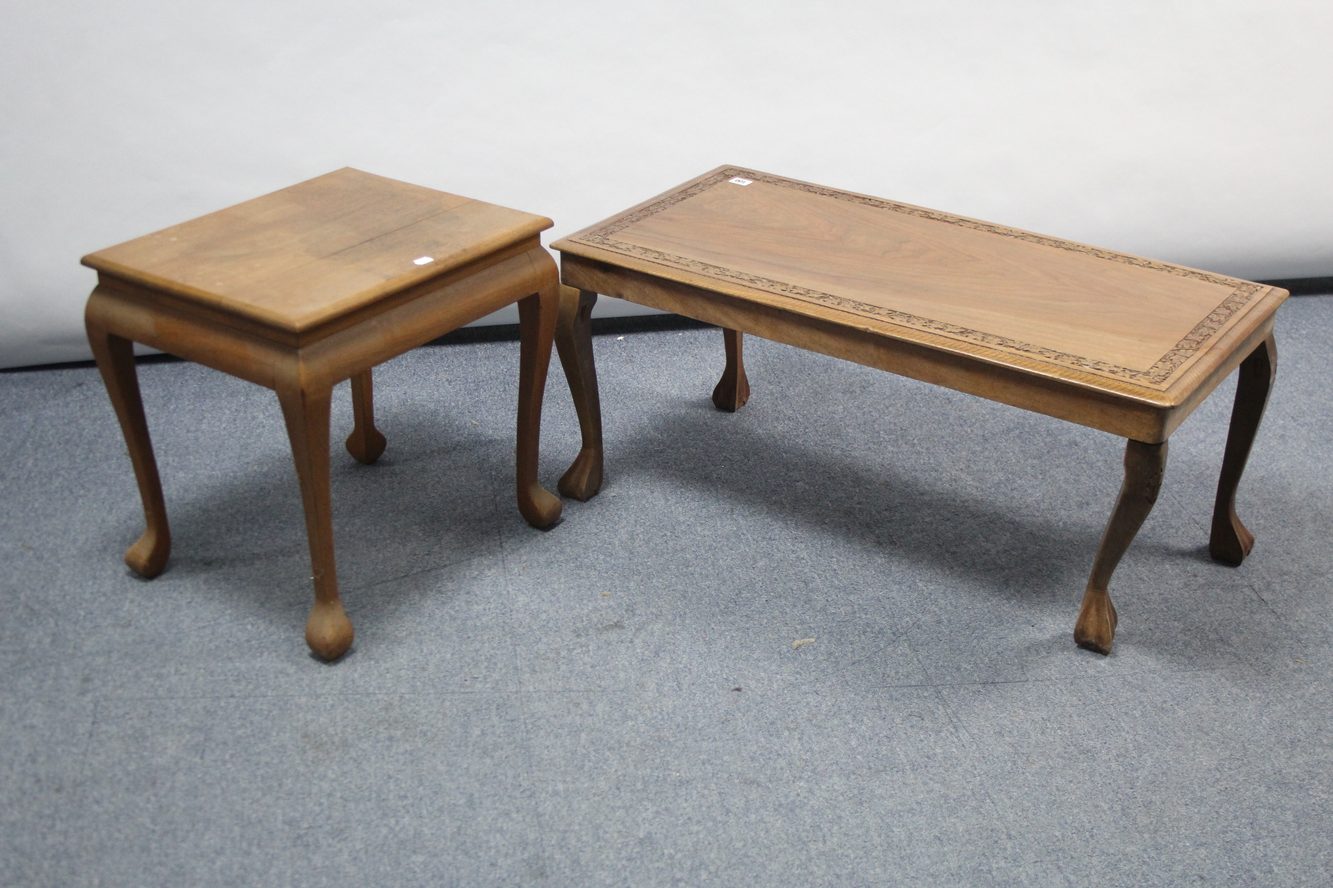An Eastern carved hardwood rectangular coffee table on cabriole legs & claw-ball feet, 36” x 17½”; &